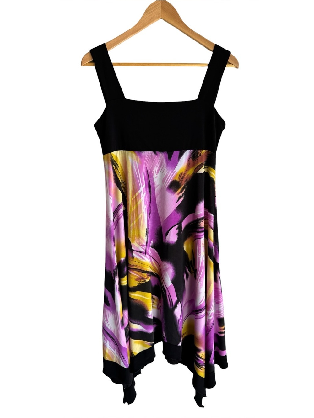 Y2K Abstract Handkerchief Hem Cocktail Dress Sz M Stretch Vacation Travel Artsy
